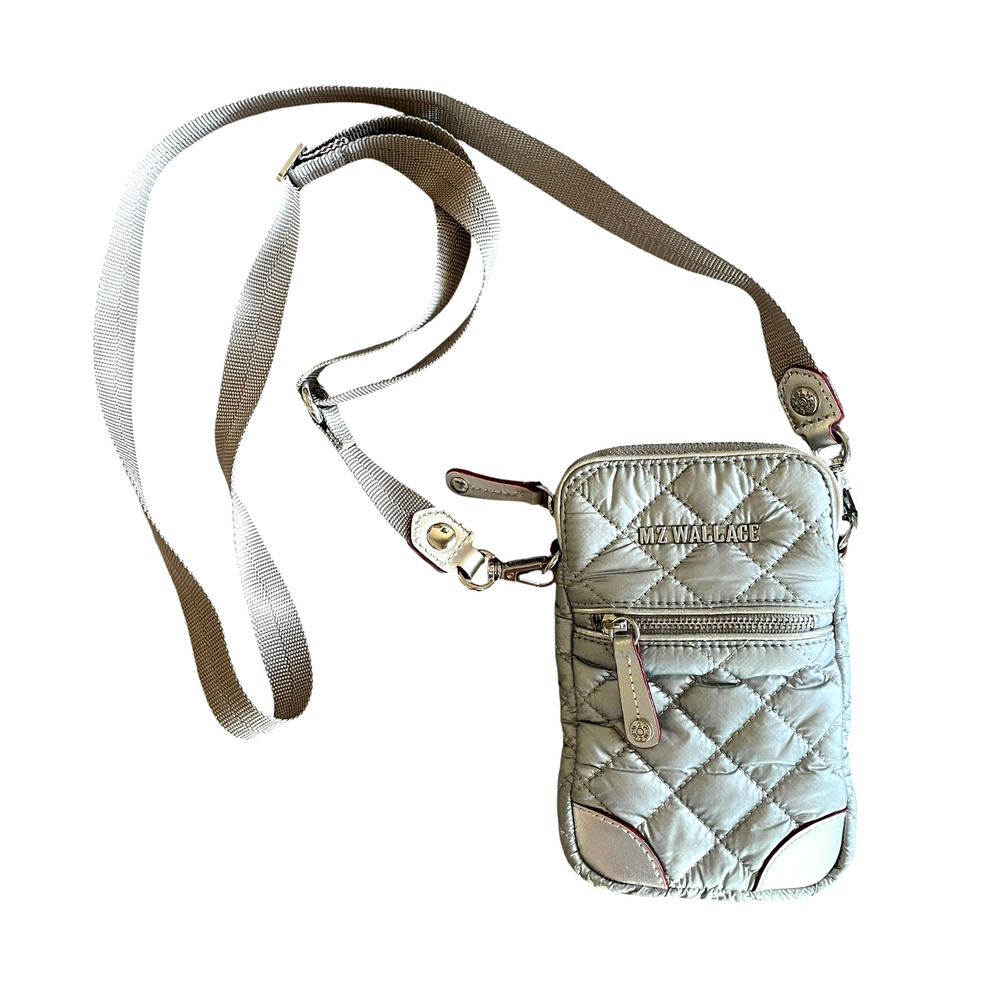 MZ WALLACE Micro Crosby Women's Silver Quilted Crossbody Bag Top Zip Nylon Strap - Picture 2 of 8